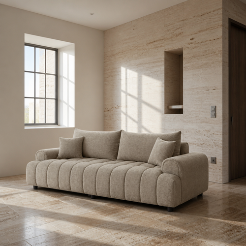 Camel boucle three-seat sofa in a bone plaster and travertine room, wide view