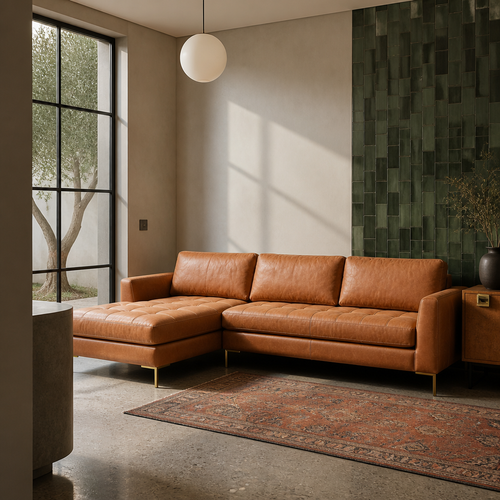 Cognac leather sectional with chaise on polished concrete beside green zellige tile