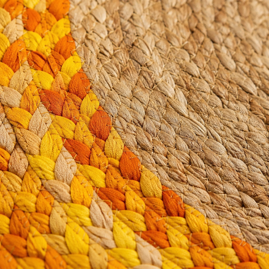 Macro of the Cape rug natural jute spiral and marigold cotton braid