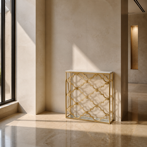 Gold trellis marble console table in a travertine gallery hallway