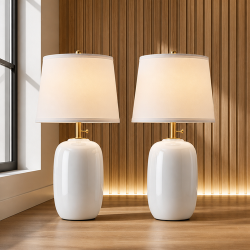 Pair of 22 inch white glossy ceramic table lamps with white fabric drum shades