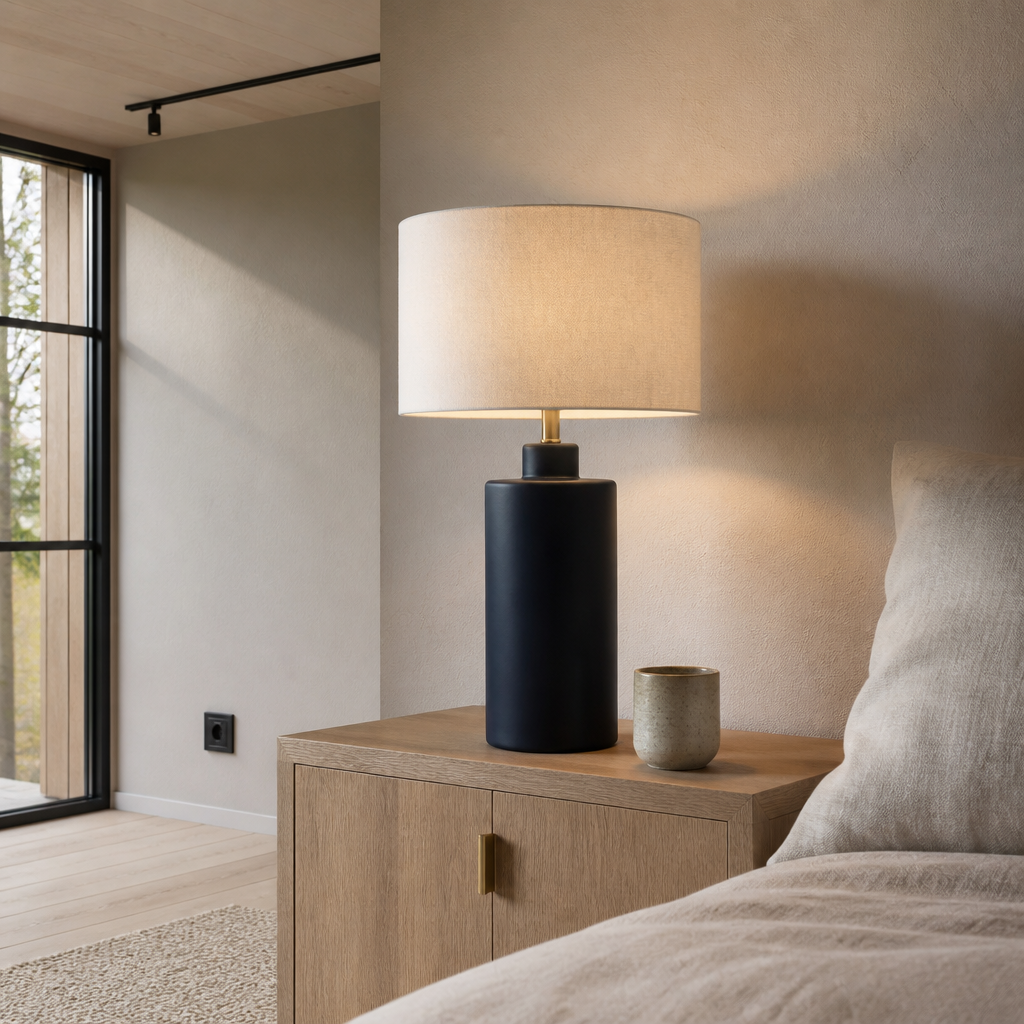 Carlina navy table lamp lit on a white oak bedside cabinet beside oatmeal wool and birch views