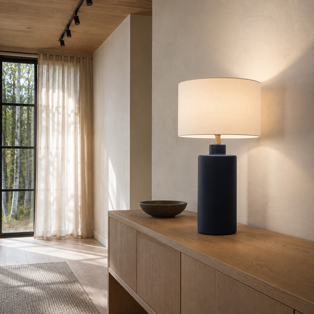 Carlina navy table lamp on a pale oak console in a Nordic oak interior with black steel glazing
