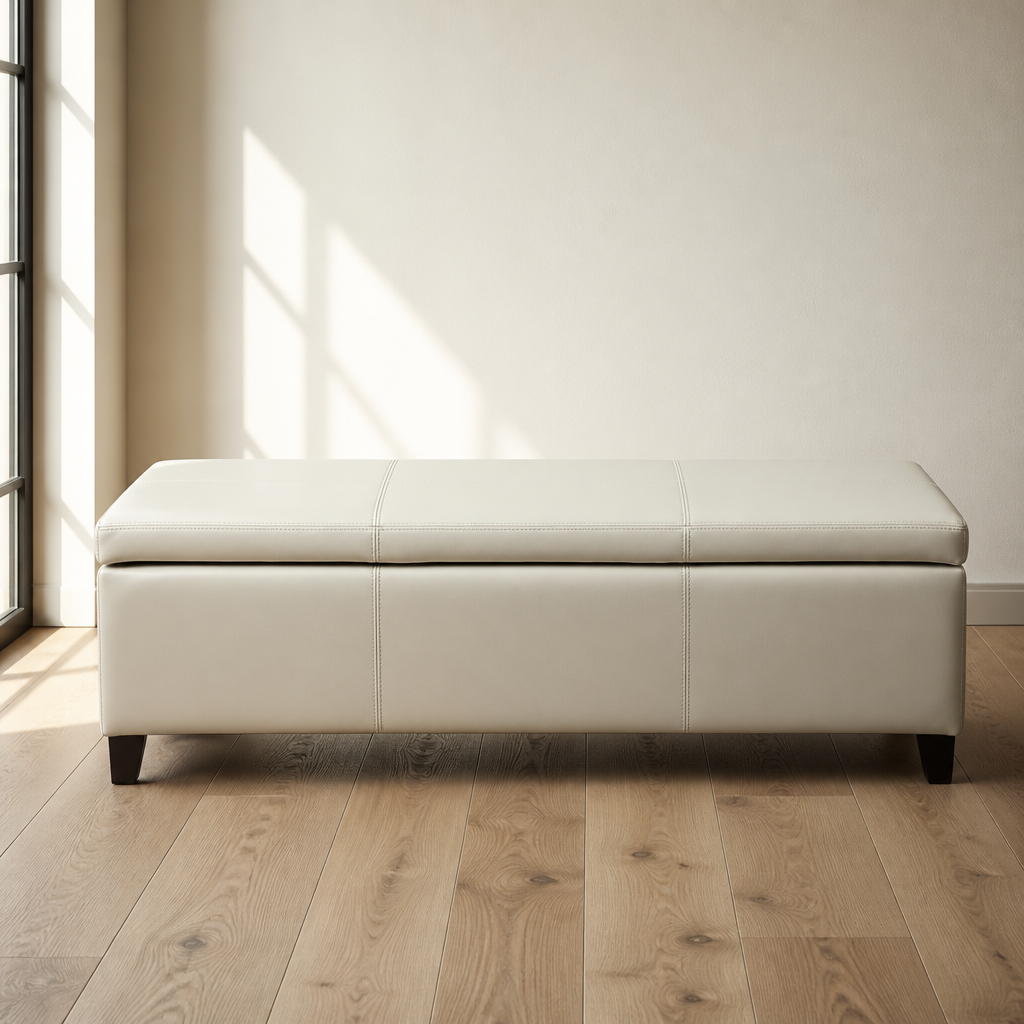 Christopher ivory bonded leather storage ottoman bench with dark tapered wooden feet, close product view on a white oak floor