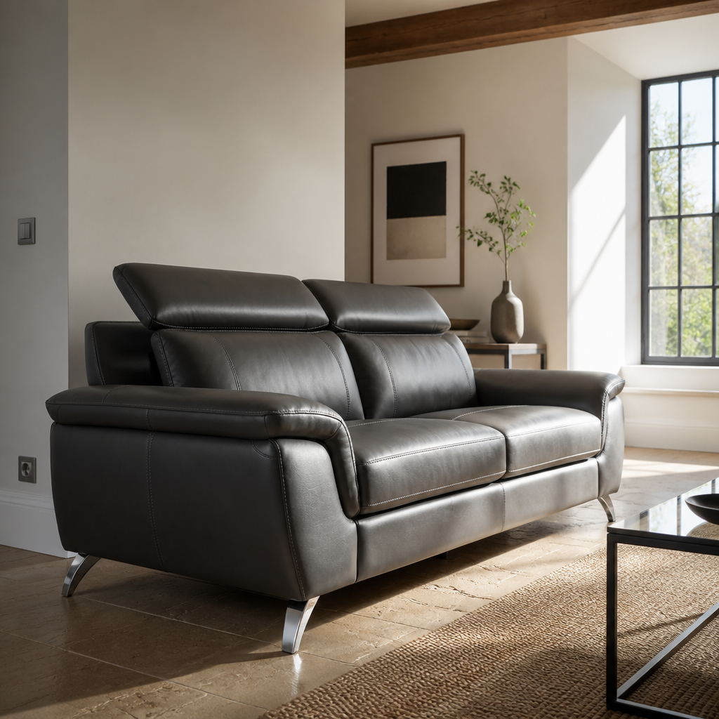 Chicago charcoal leather sofa from a low angle, limestone flags running away from camera and adjustable headrests raised