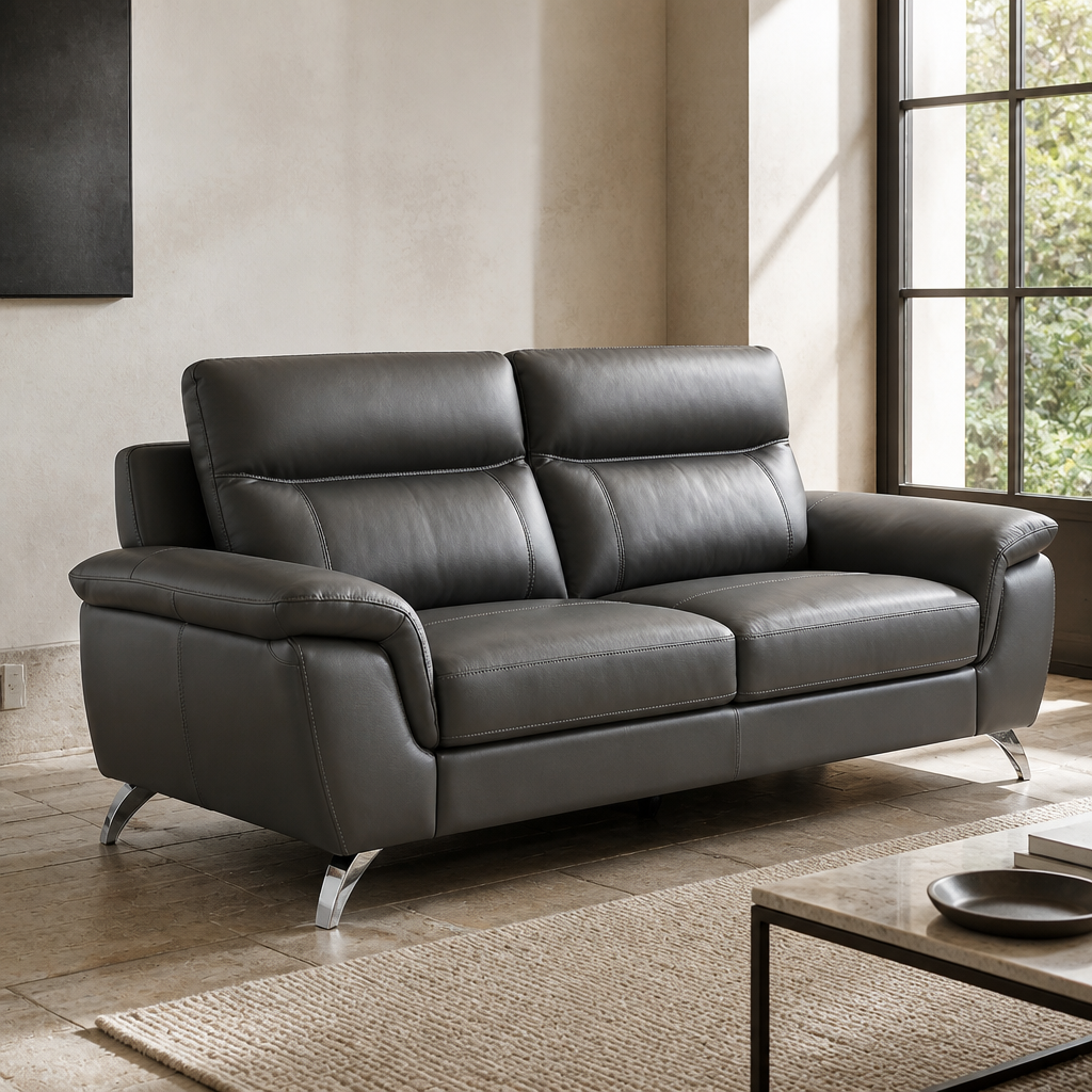 Close study of the Chicago sofa's pebble grain charcoal leather, topstitched panel seams and pillow top arm