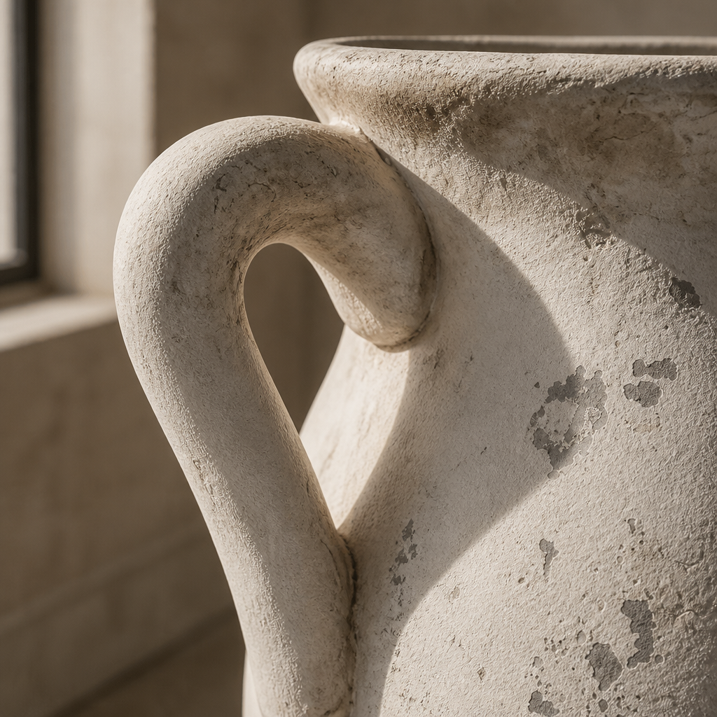 Close detail of the hand-applied loop handle and grey mottled patina on the ceramic urn