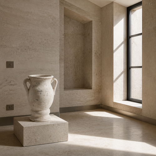 Distressed ceramic urn on a travertine plinth in a bone plaster gallery interior