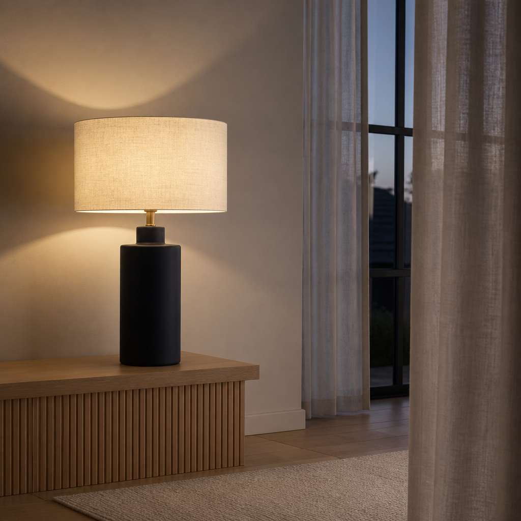 Carlina navy table lamp lit at dusk against warm white plaster and a sheer linen curtain