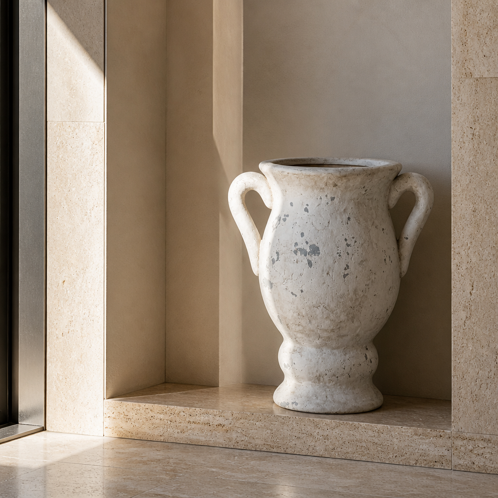 Ceramic Art Deco urn set in a sculptural niche, half lit by hard afternoon sun