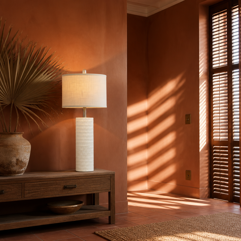 White textured ceramic table lamp on a timber console in a terracotta plaster interior