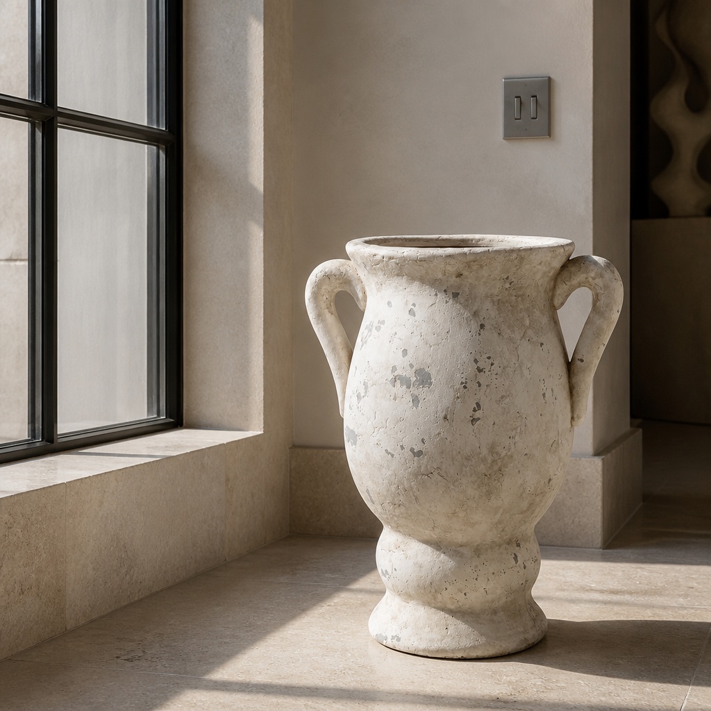 Ceramic Art Deco urn on a travertine floor beside a deep window reveal casting a hard shadow