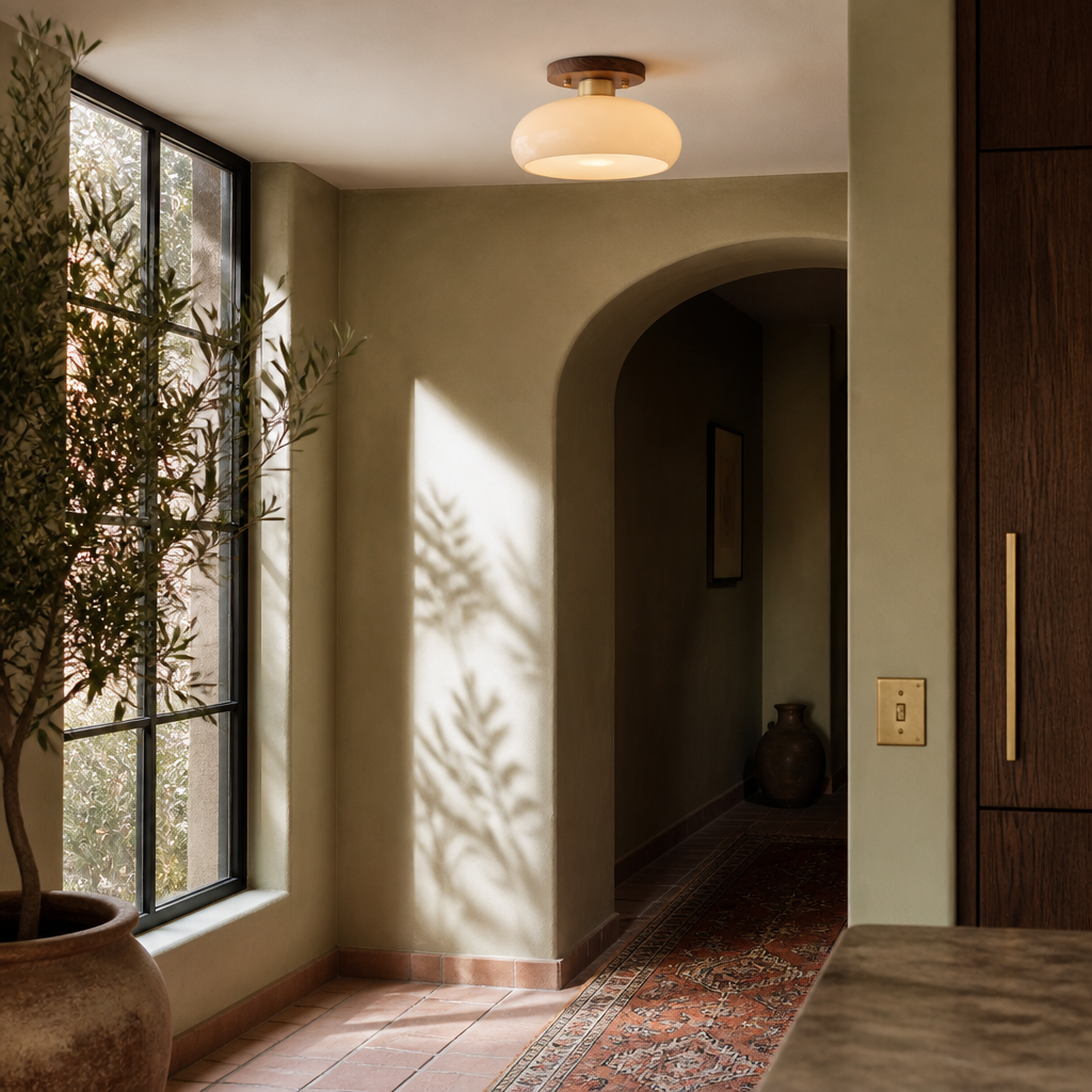 Walnut toned flush mount ceiling light in a plaster corner with olive leaf shadow across the wall