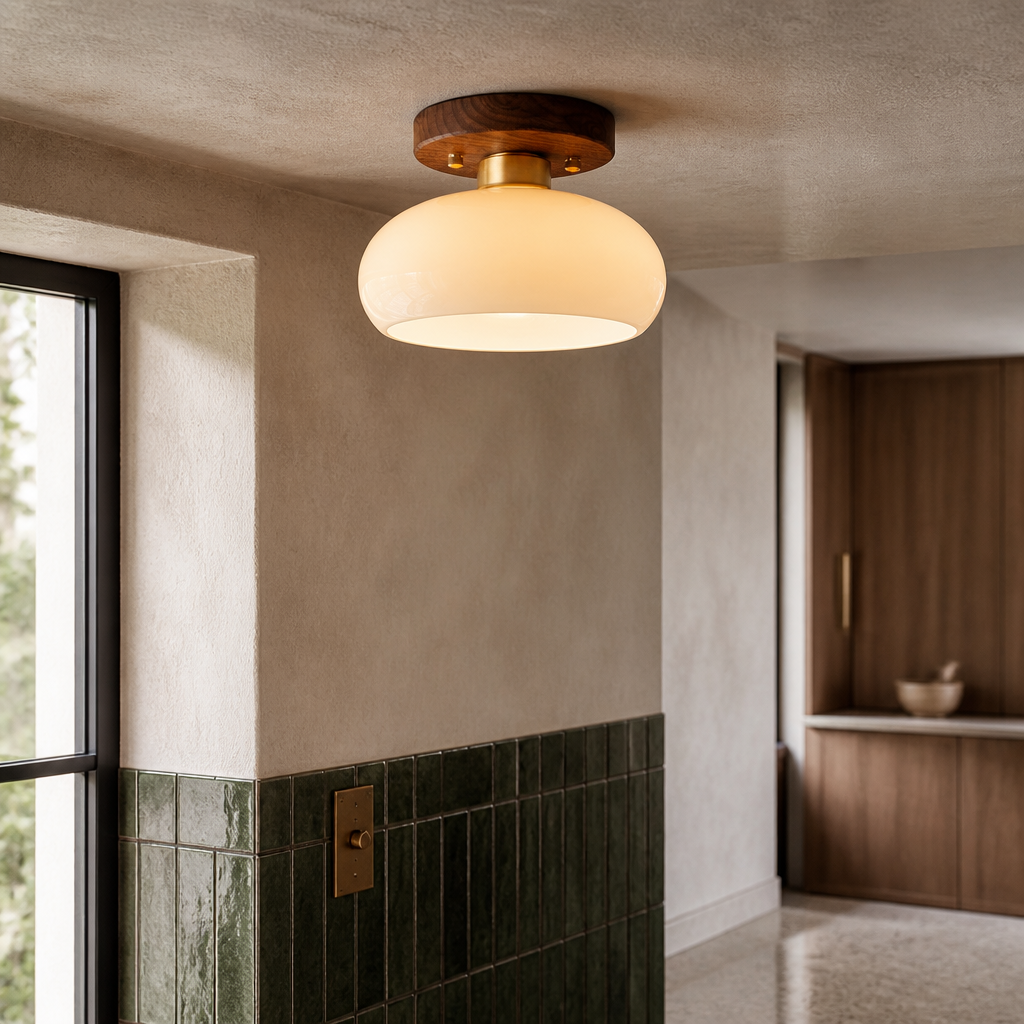 Close study of the opal glass shade, brass collar and walnut toned wooden ceiling disc against green zellige tile