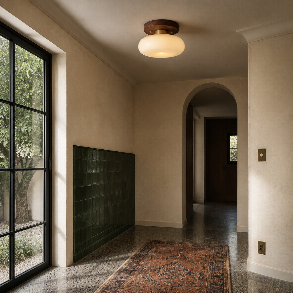 Walnut toned flush mount ceiling light lit in a Mediterranean hallway with green zellige tile and a terracotta runner