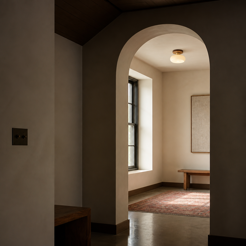 Walnut toned flush mount ceiling light seen through an arched opening from a darker hall