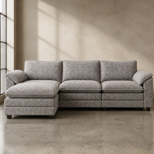 Light grey chenille L shaped sectional sofa with movable ottoman