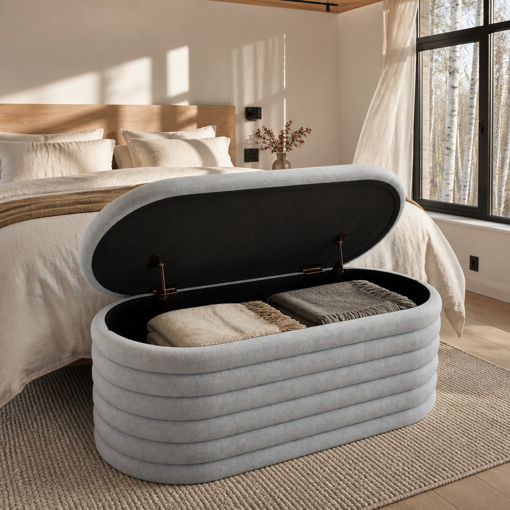 The oval chenille storage bench with its lid raised on the safety hinge, showing the black lined interior storage cavity