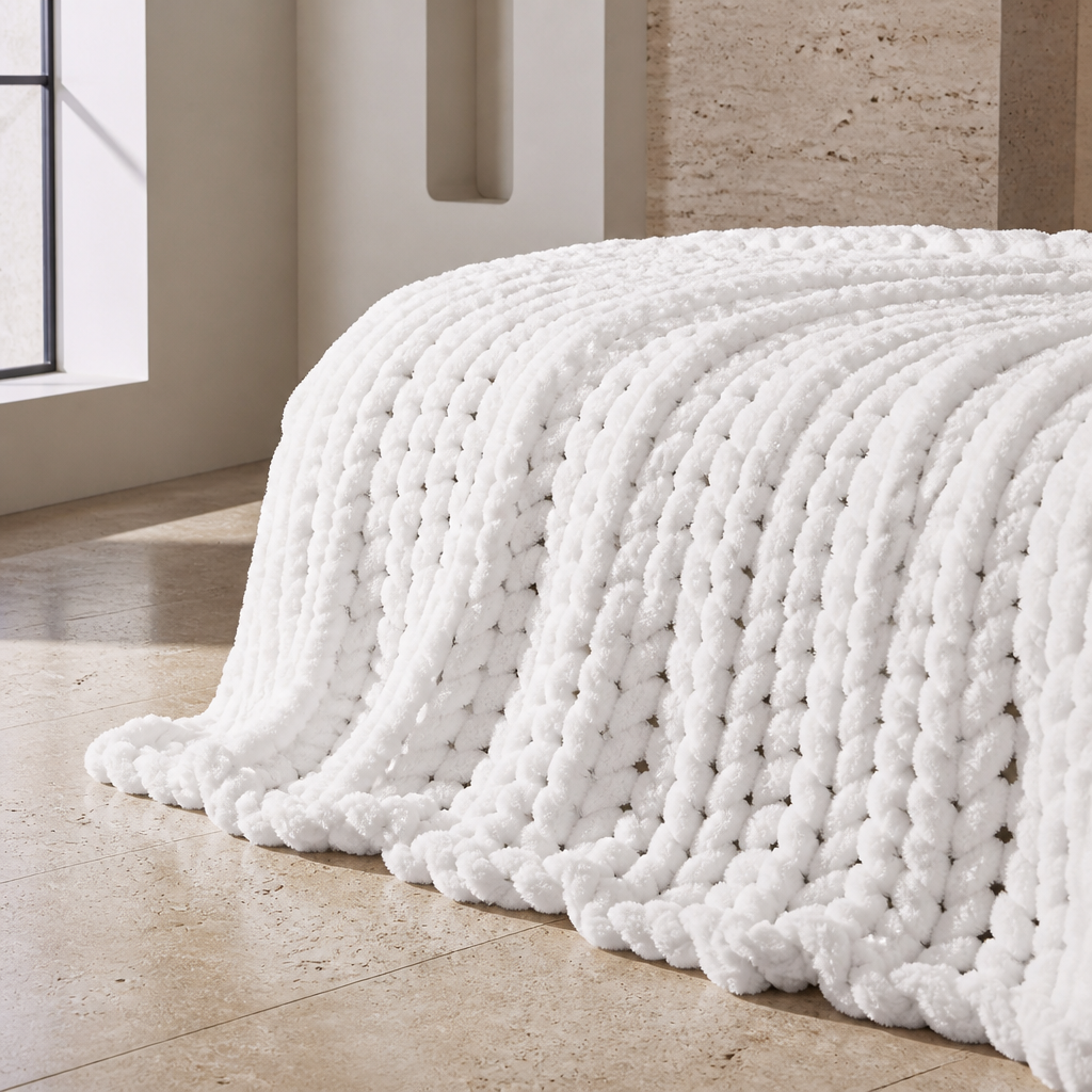 Macro detail of the thick open loop chenille stitch and the velvety white yarn of the throw blanket