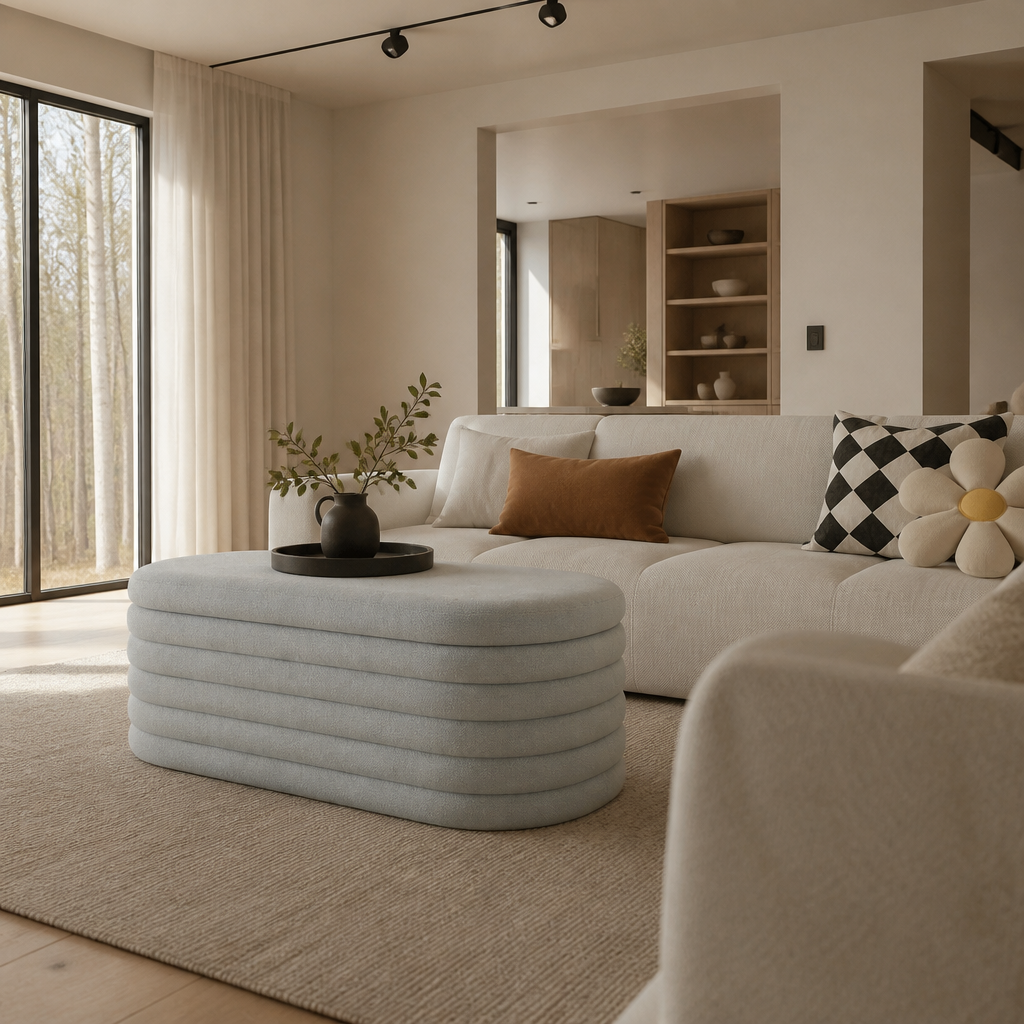 The light grey oval chenille storage bench used as a coffee table in front of a sofa in a Nordic oak living room