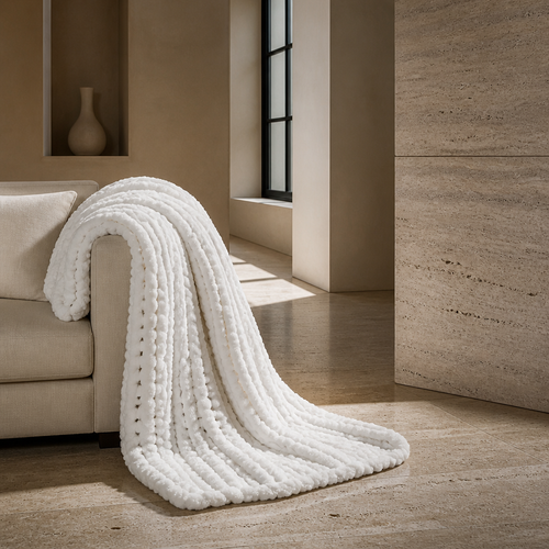 The white chunky chenille throw draped over the arm of a sofa in a travertine gallery interior
