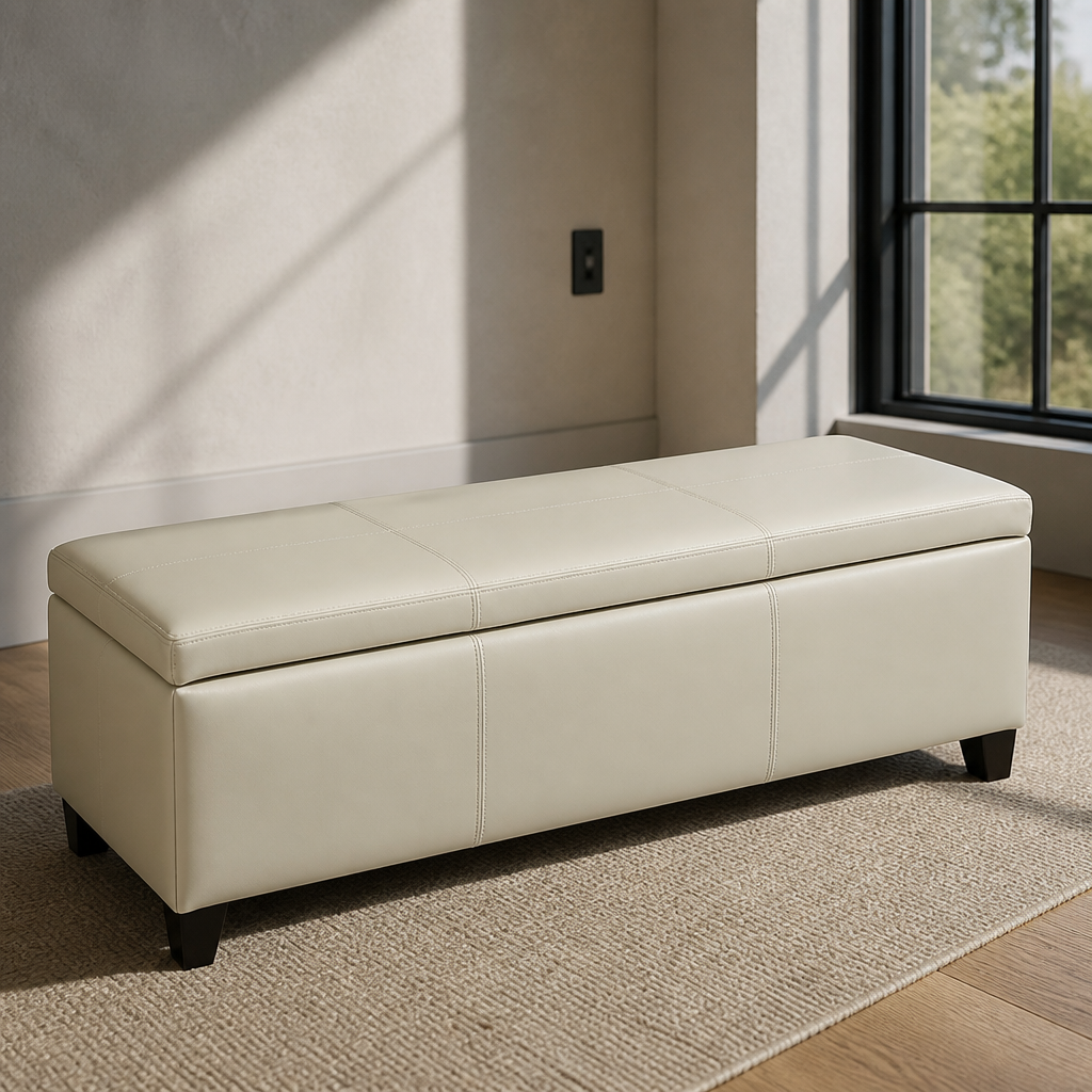 Close study of the ivory bonded leather, contrast topstitching and stitched lid panels of the Christopher ottoman
