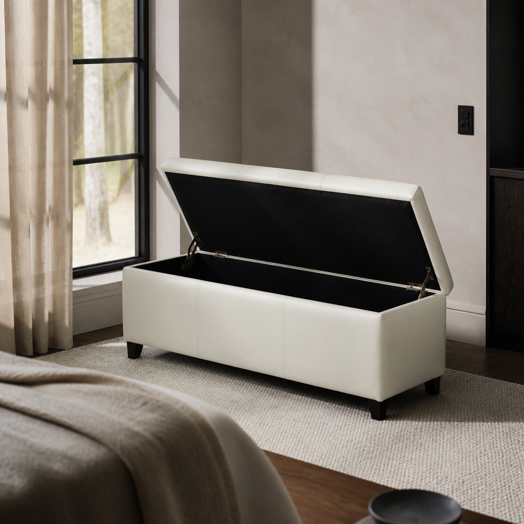 Christopher storage ottoman bench with its hinged lid propped open on the brass stay, showing the black lined storage well