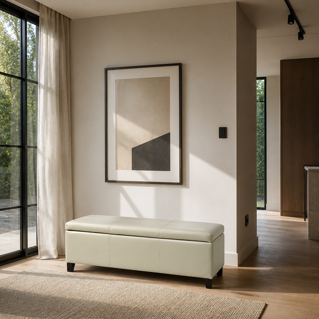 Christopher ivory storage ottoman bench in a Nordic oak room with an oatmeal wool rug and black steel glazing