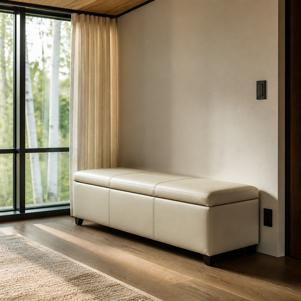 Christopher ivory storage ottoman bench from a low angle, white oak plank joints running away from camera