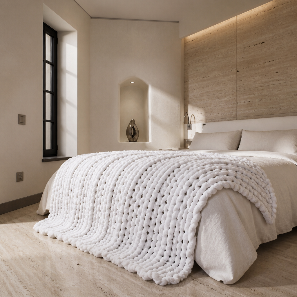 The white chunky chenille throw spread across the foot of a bed with bone linen bedding
