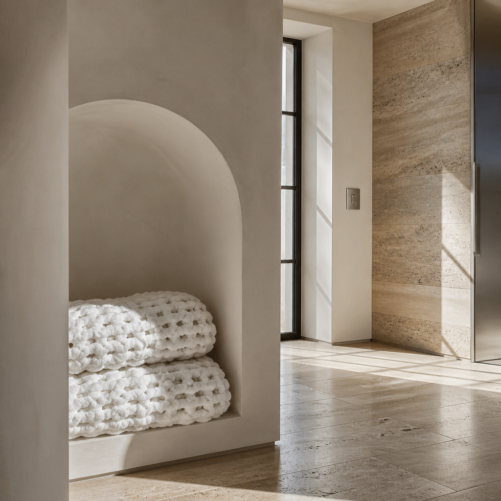 The white chunky chenille throw folded in a loose stack inside a carved plaster niche