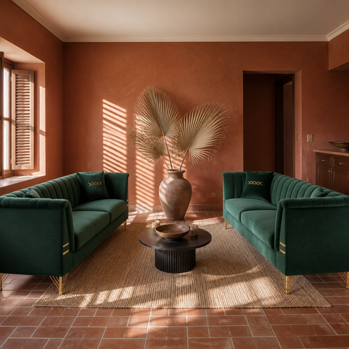 The two piece set of matching emerald green velvet sofas facing each other across a terracotta tiled room