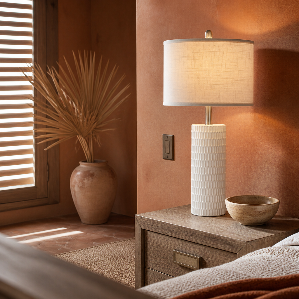 Ceramic farmhouse table lamp lit on a timber bedside cabinet with jute rug and terracotta tile