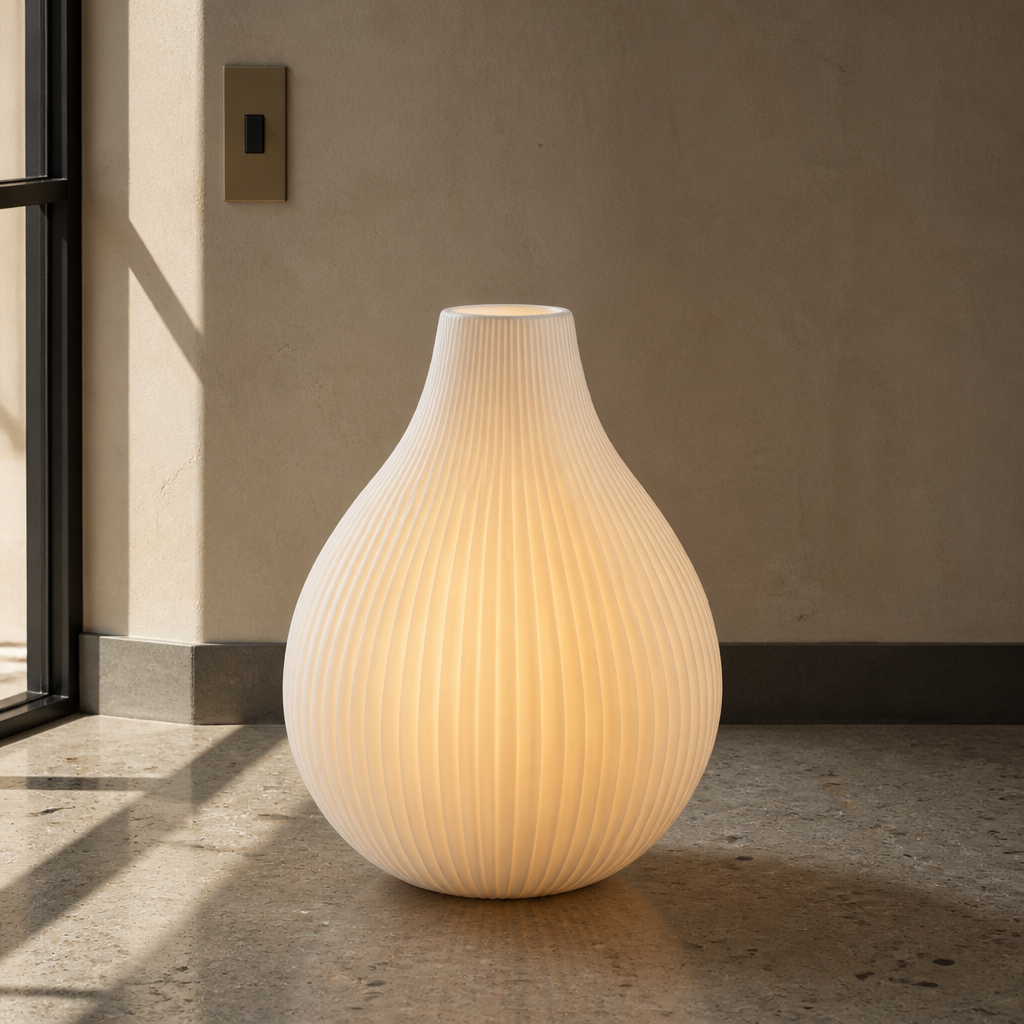 Fluted translucent ceramic table lamp glowing warm on a concrete surface