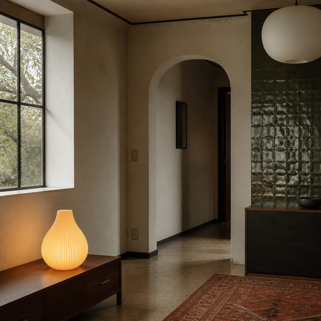 Ribbed white ceramic lamp in a Mediterranean room with lime plaster walls and zellige tile