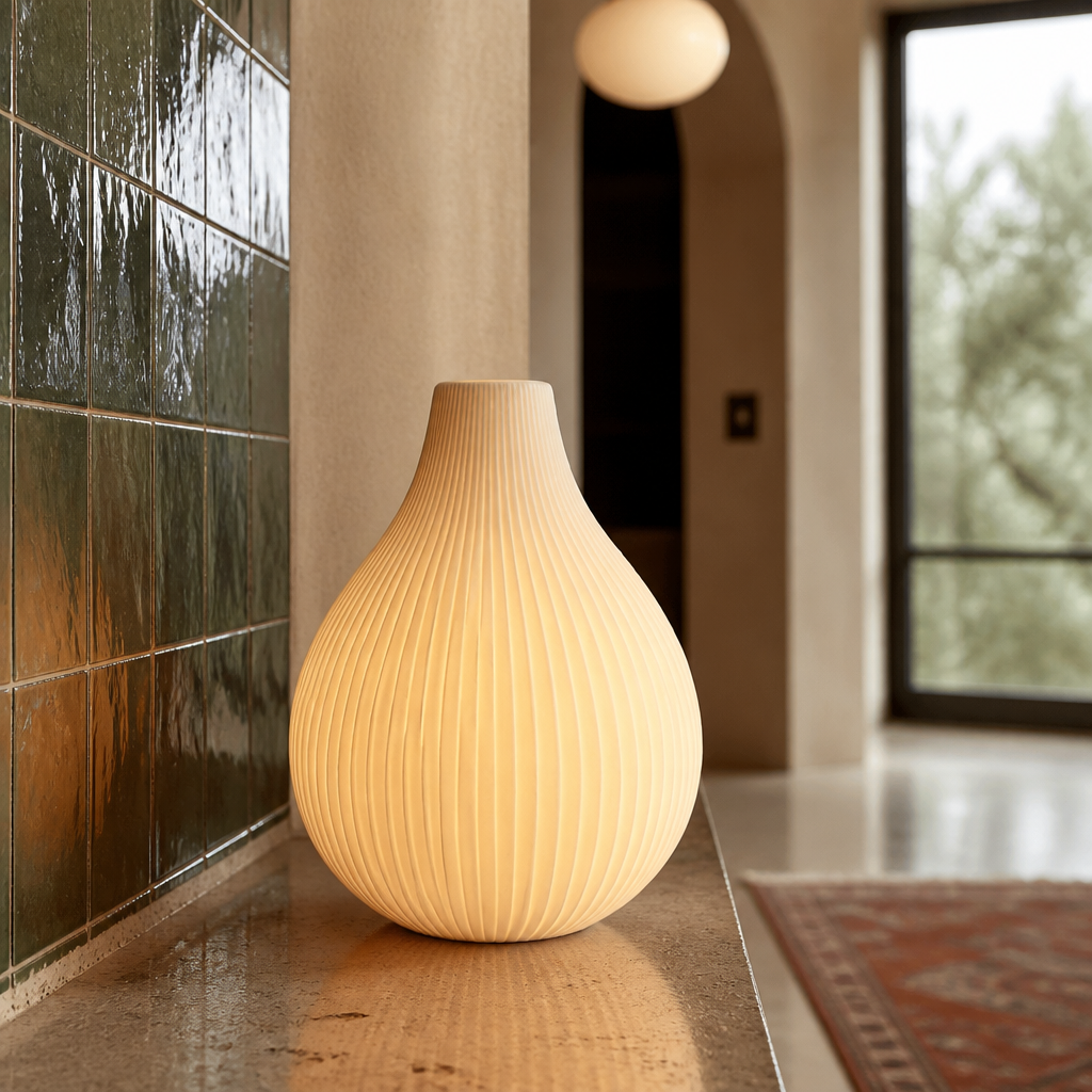 Close detail of the vertical fluting and satin bone glaze on the ceramic lamp