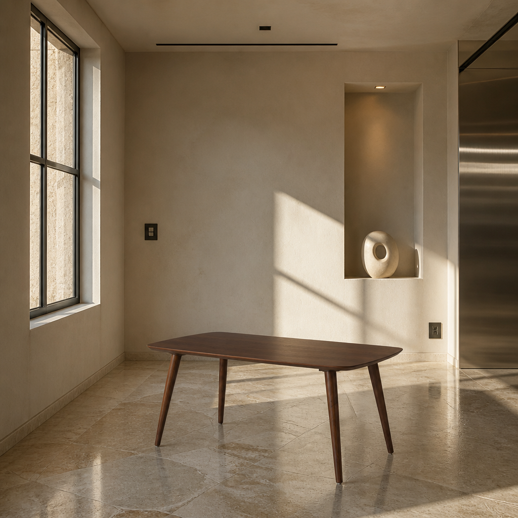 Christopher walnut coffee table in a travertine gallery room with a deep window reveal and sculptural niche