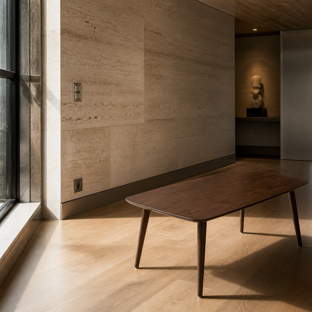 Christopher walnut coffee table from above, the rounded rectangular top and softly bowed long edges clearly read