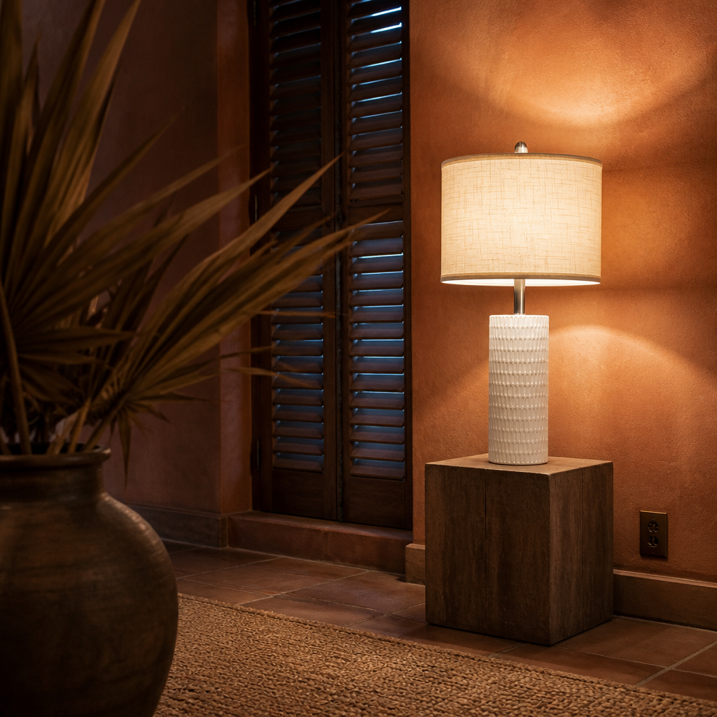 Ceramic farmhouse table lamp lit at dusk against rust clay plaster and closed timber shutters