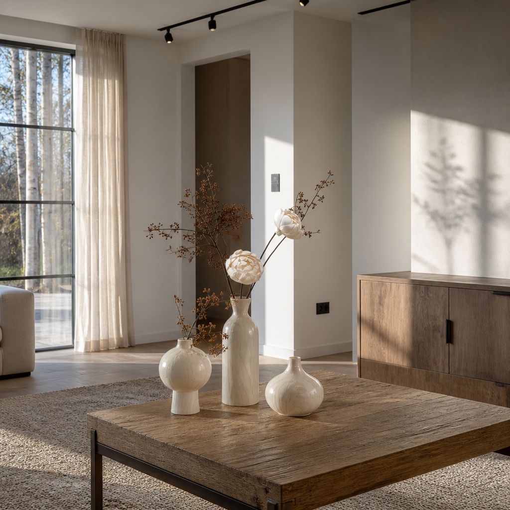 Three ceramic vases grouped in a Nordic oak room with black steel glazing