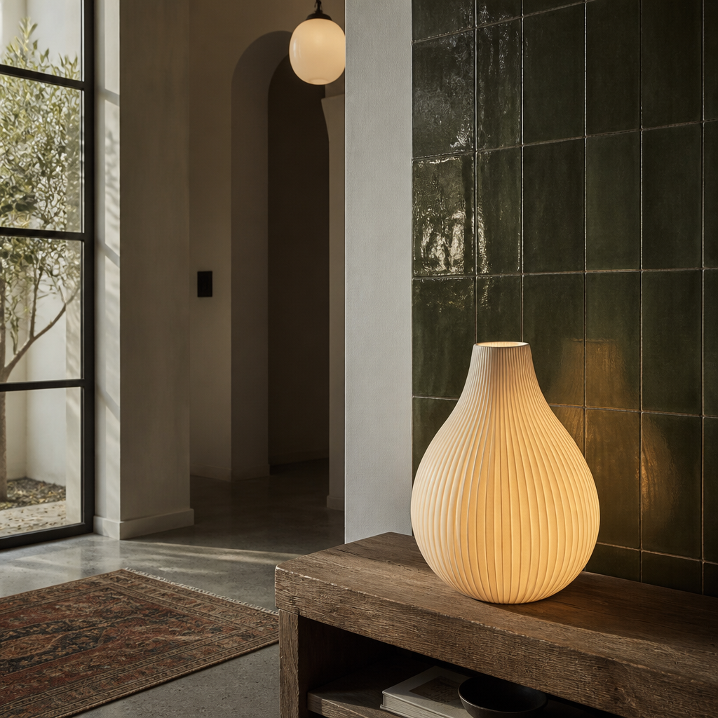 Small ribbed ceramic lamp on a faded terracotta runner in low evening light