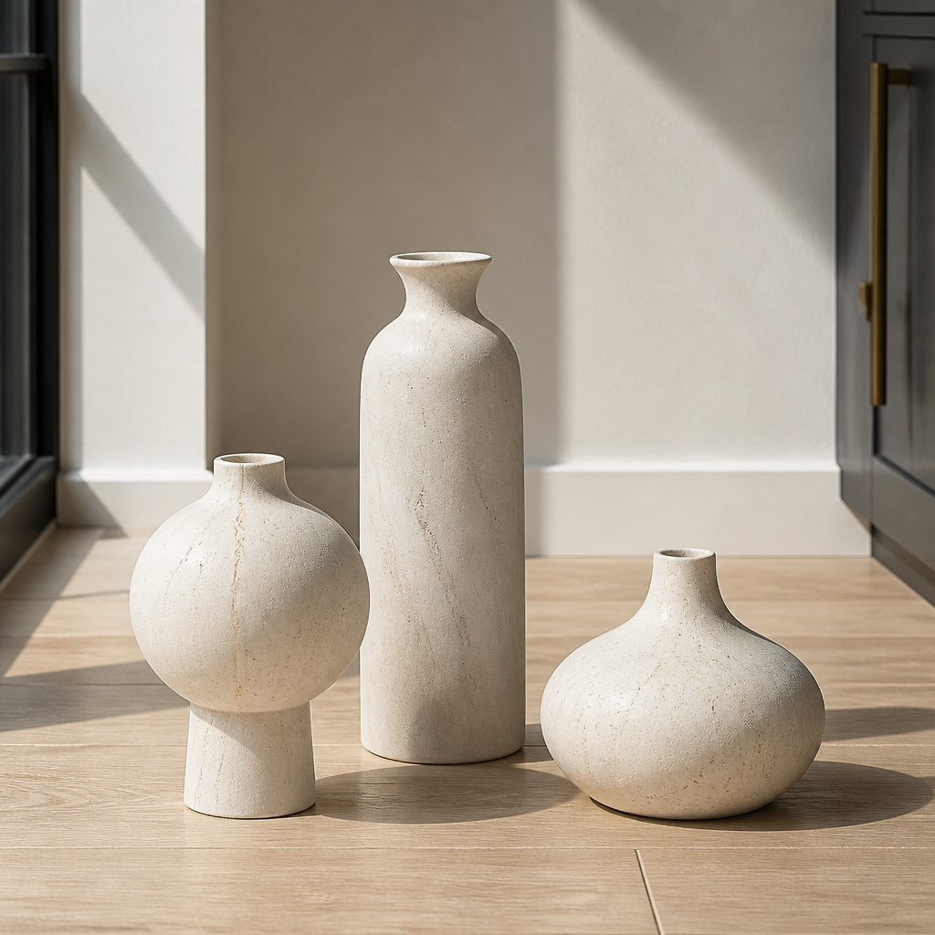 Set of three matte stone-finish ceramic vases on a white oak surface