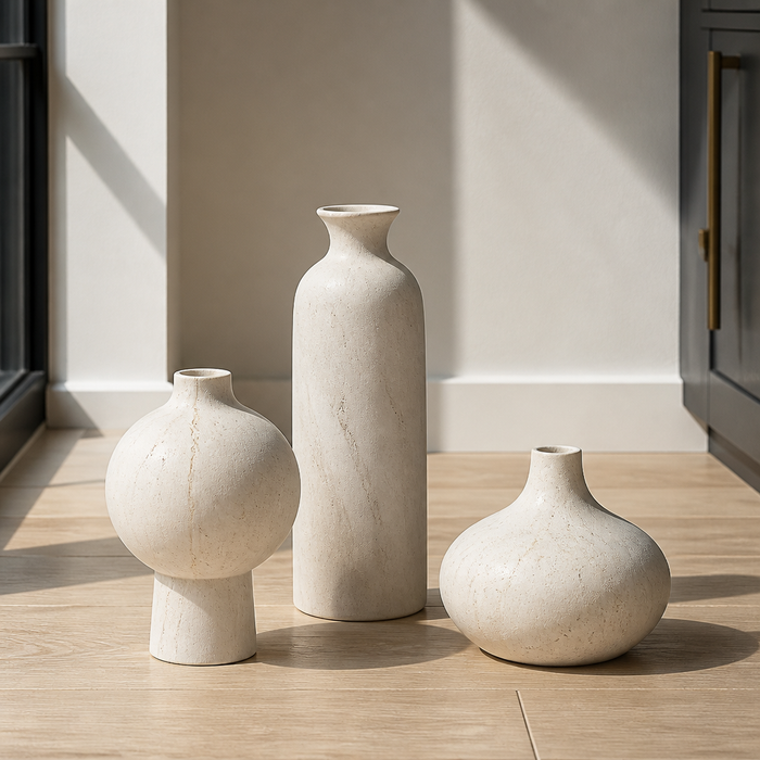 Set of three matte stone-finish ceramic vases on a white oak surface
