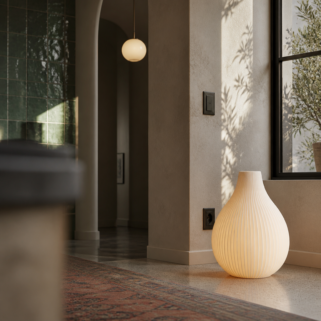 Fluted ceramic lamp near an arched opening with an olive tree beyond the window