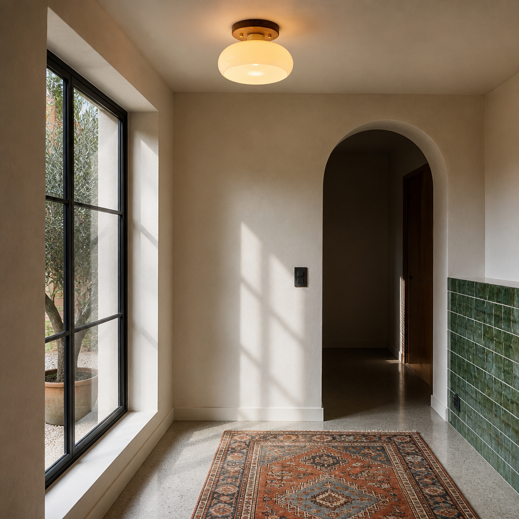 Walnut toned flush mount ceiling light running at its warm 3000K setting, opal glass glowing deep amber