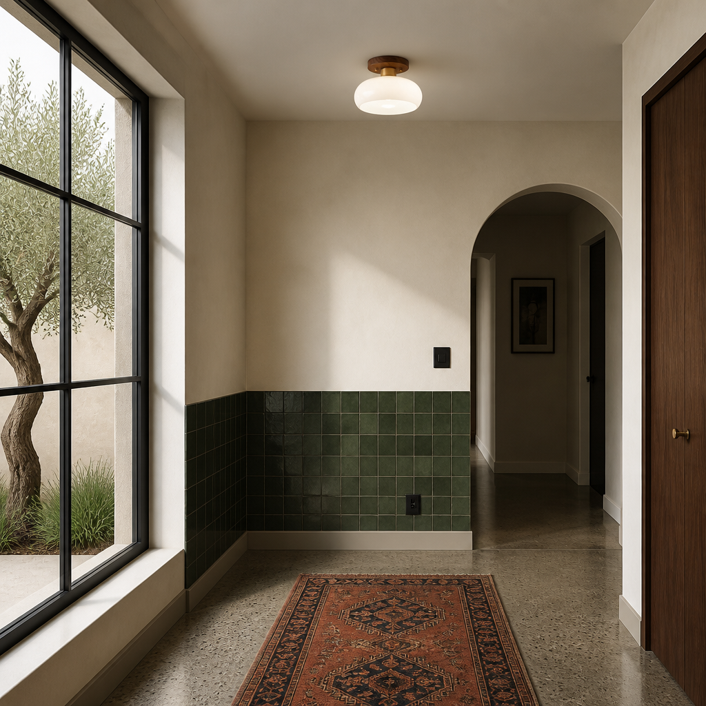 Walnut toned flush mount ceiling light running at its cool white 6000K setting, opal glass bright and neutral