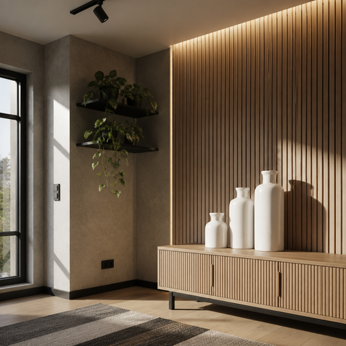 Set of three white ceramic bottle vases on a light oak sideboard against a backlit oak slat wall