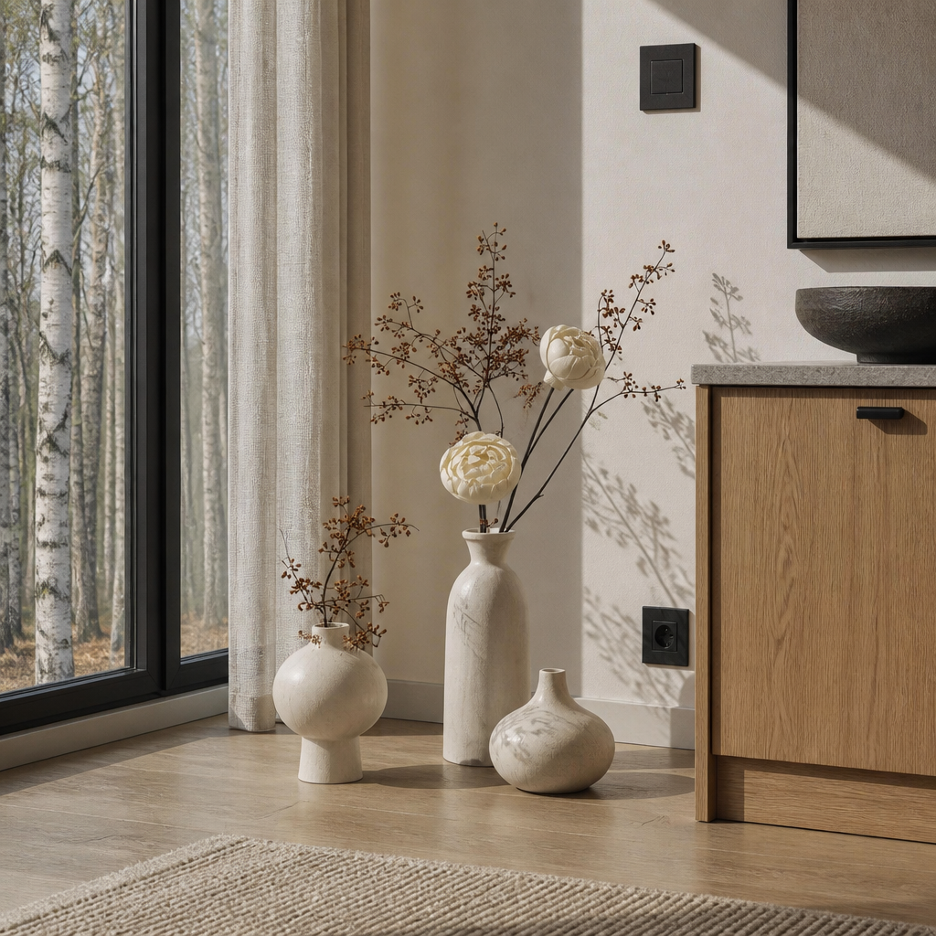 Trio of stone-finish vases on an oatmeal wool rug in raking morning light