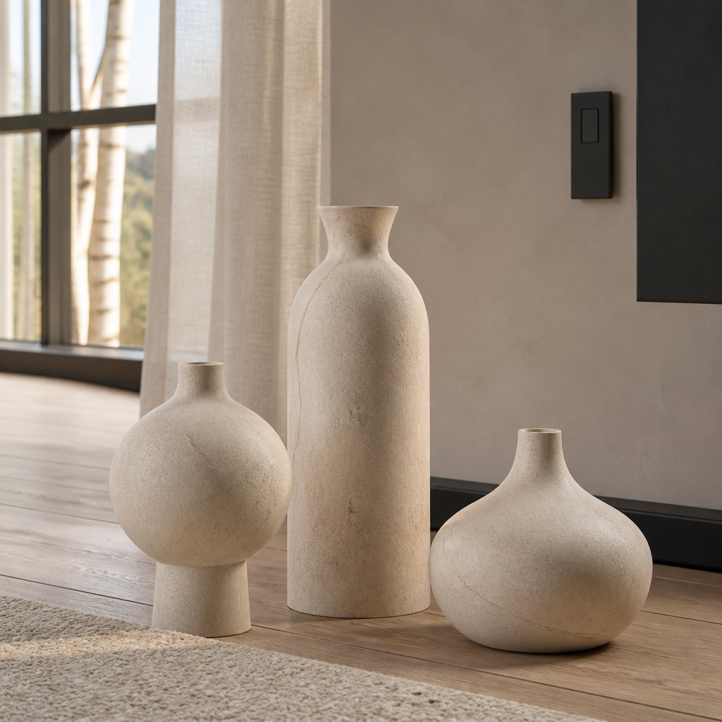 Close detail of the matte limestone-like surface and thin rim of the tall bottle vase