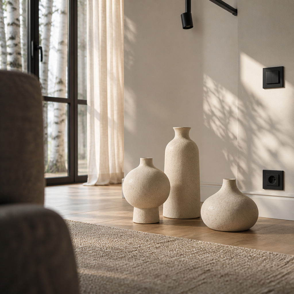 The three ceramic vases from a low angle against a sheer linen curtain